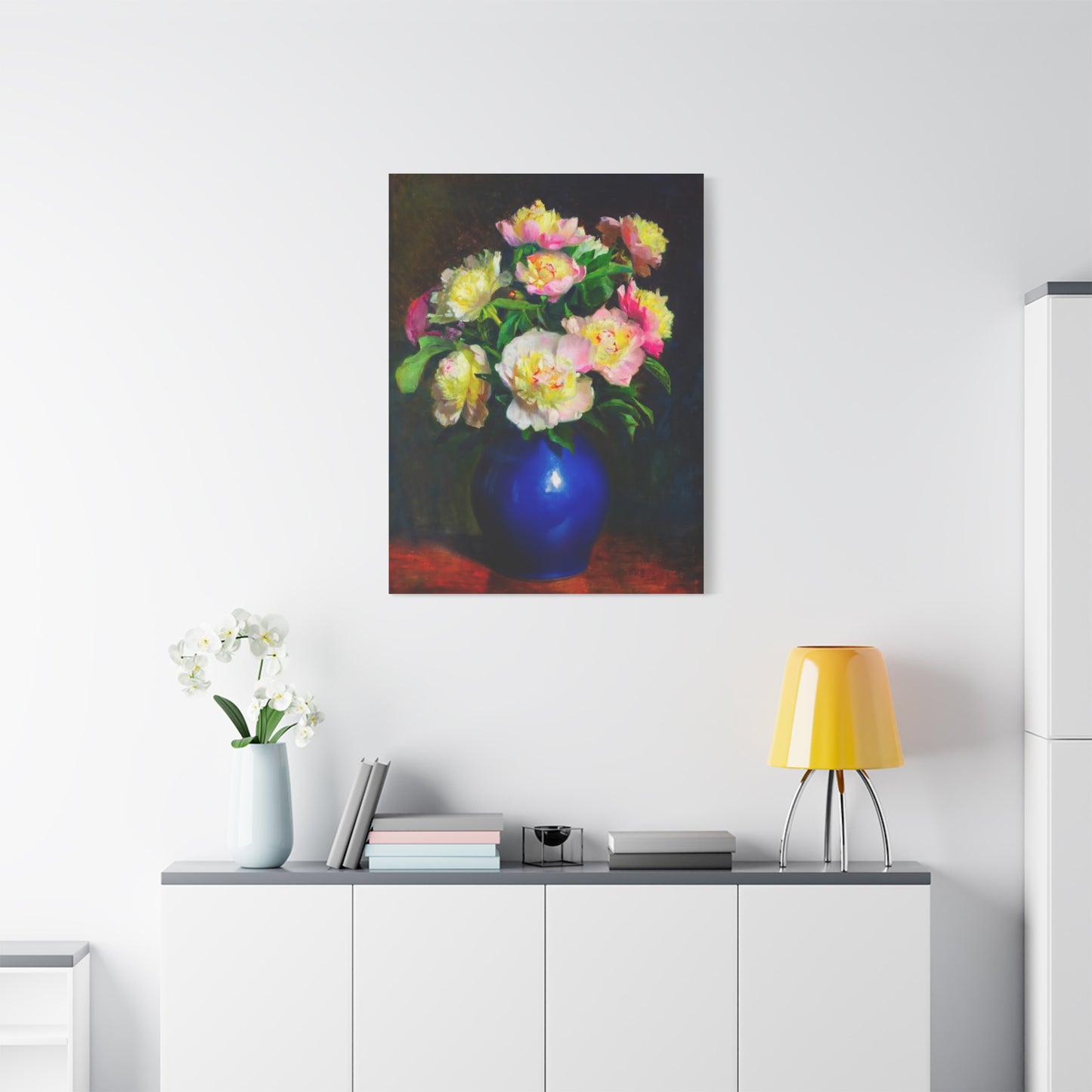 Peony Bouquet Canvas Print — Pink Peonies in Blue Vase, Stretched Matte Wall Art