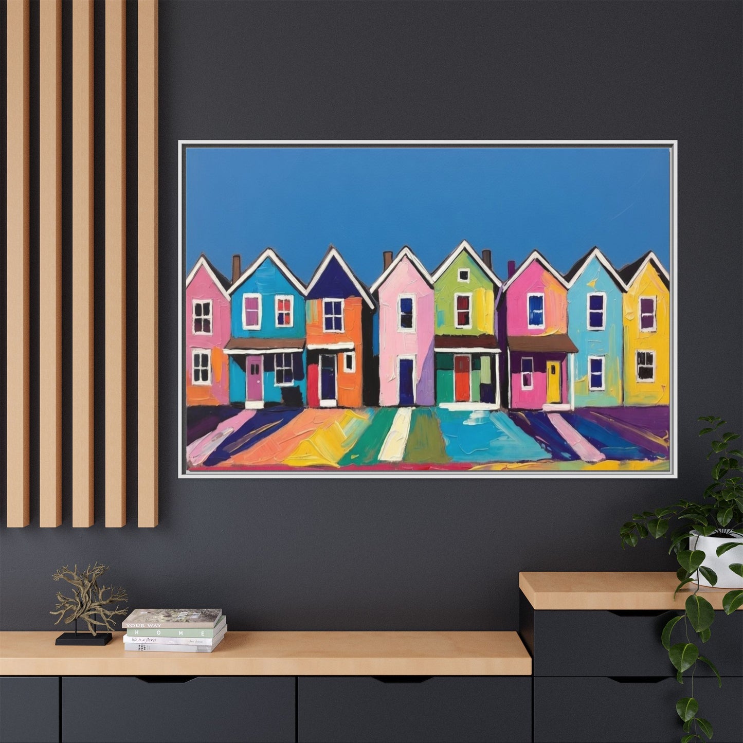 Colorful Beach Houses Matte Canvas Framed Wall Art