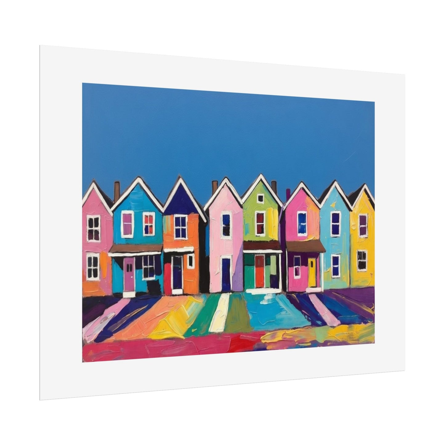 Colorful Row Houses Art Poster — Vibrant Coastal Street Wall Print