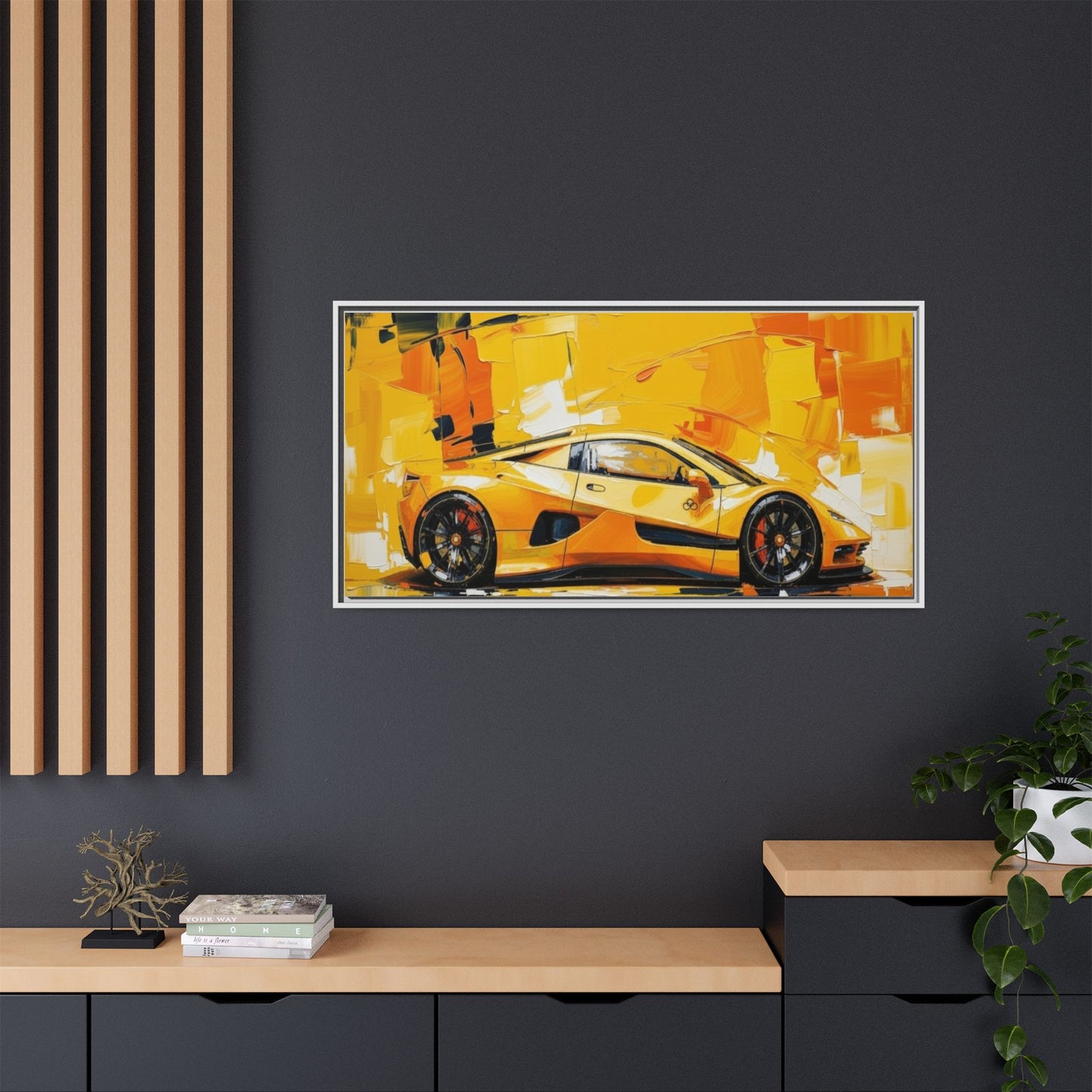 Yellow Sports Car Abstract Matte Canvas Framed Print