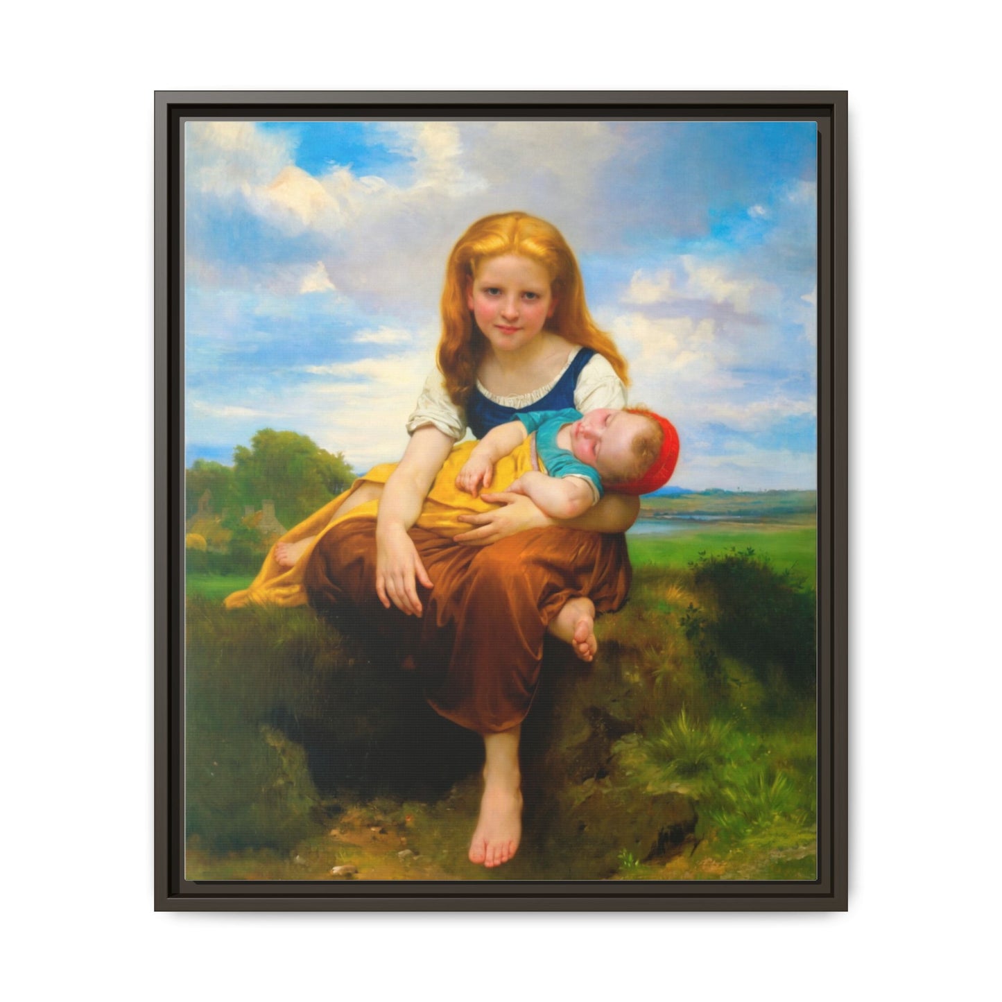 Young Girl Holding Sleeping Baby Canvas Print, Framed Wall Art