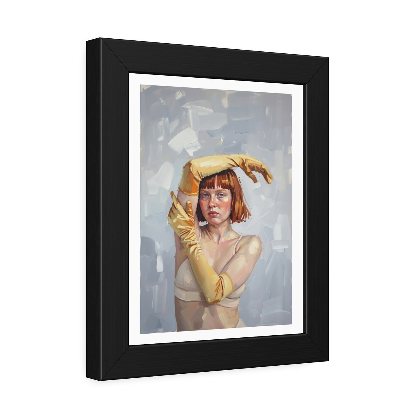 Framed Art Print — Portrait of Woman in Yellow Gloves (Modern Figurative Wall Art)
