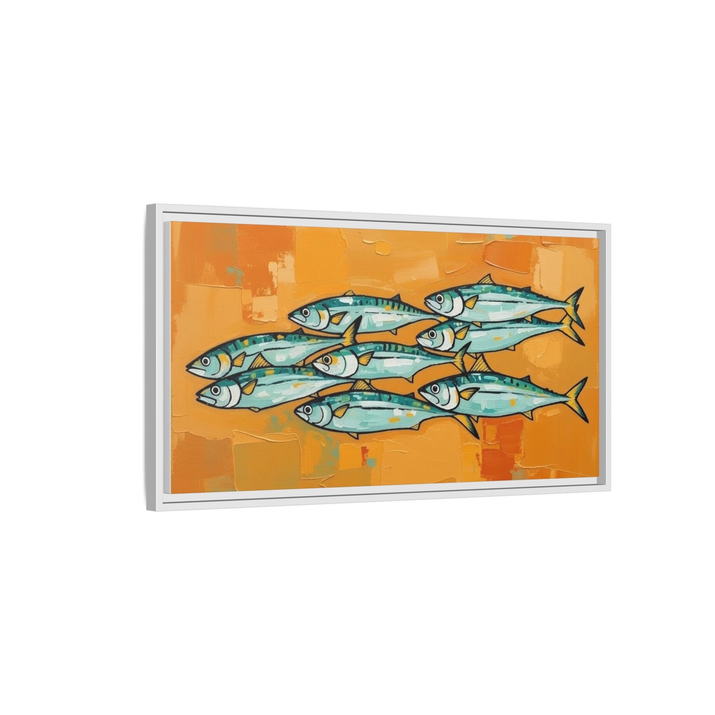 Framed Matte Canvas Print — School of Blue Fish on Orange Abstract Background