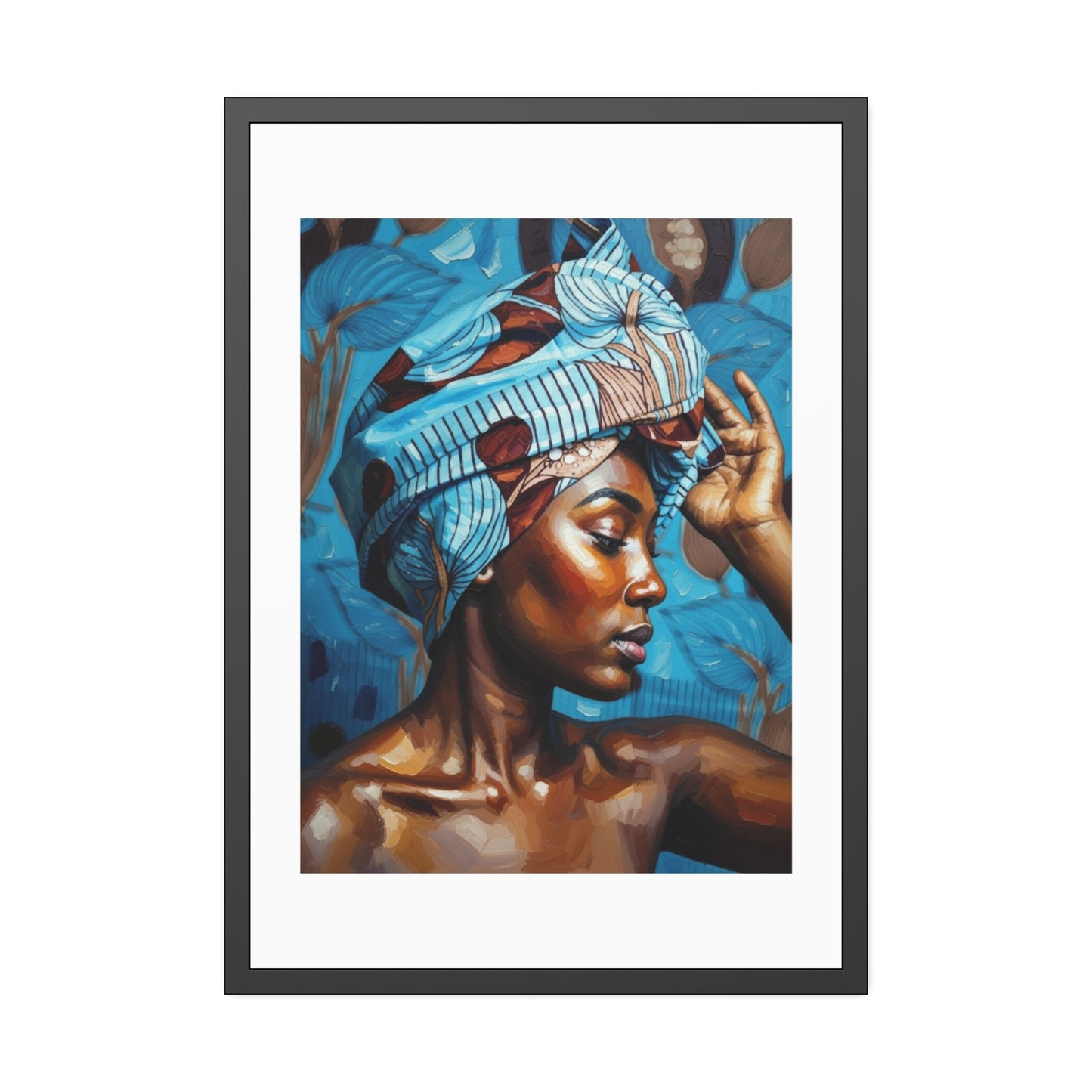 Framed Art Print — Portrait of Woman with Blue Headwrap (Gallery Wall Decor)