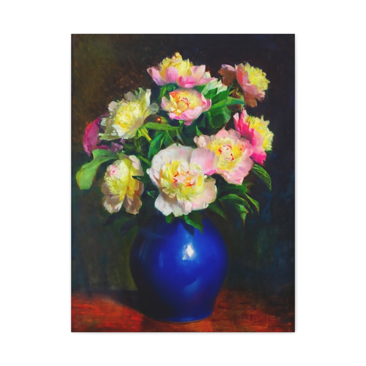 Peony Bouquet Canvas Print — Pink Peonies in Blue Vase, Stretched Matte Wall Art