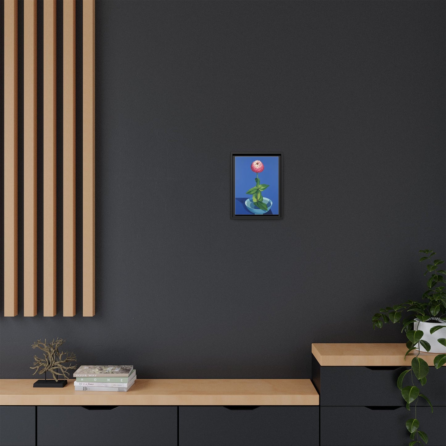 Framed Matte Canvas Art — Pink Zinnia in Blue Bowl (Botanical Still Life)
