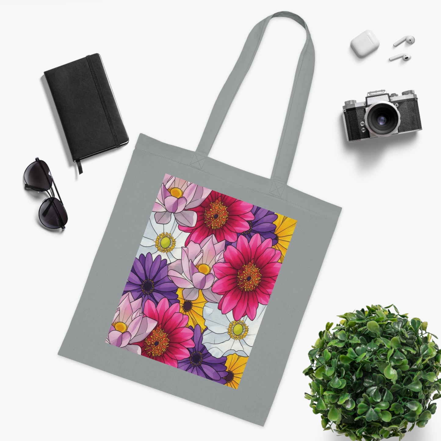 Floral Burst Cotton Tote Bag — Colorful Daisy & Gerbera Garden Print