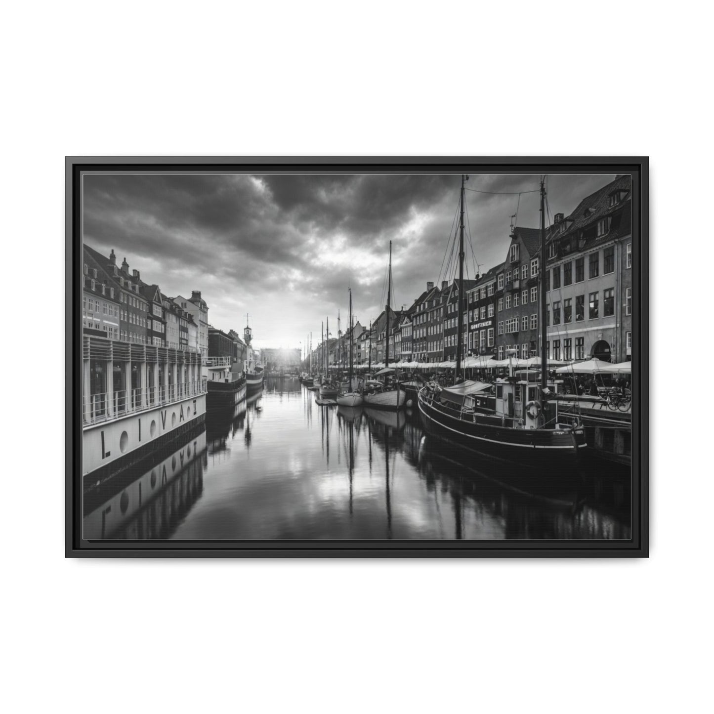 Framed Matte Canvas: Black & White Dutch Canal Photography Wall Art