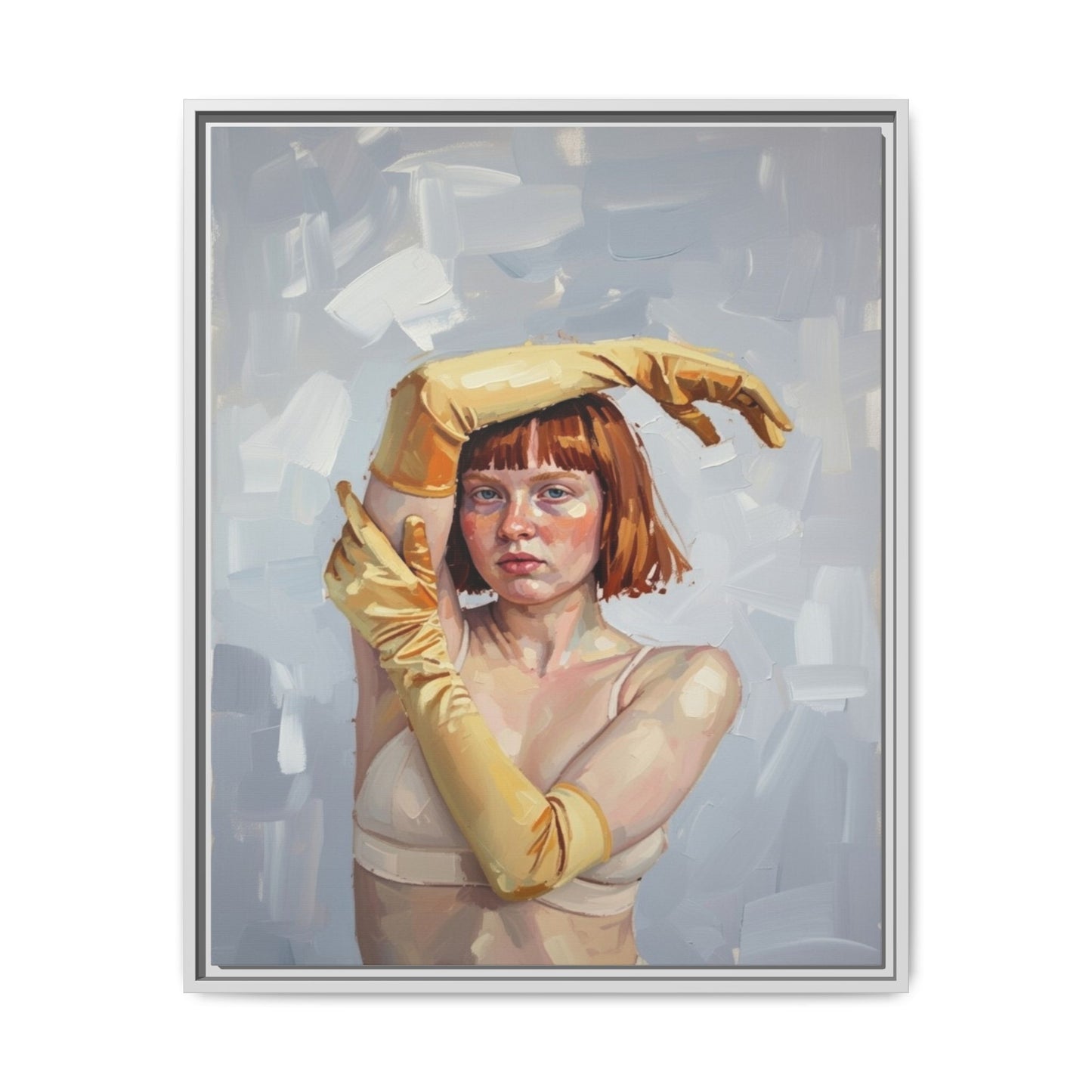 Contemporary Portrait Canvas Print — Woman with Yellow Gloves (Framed Matte)
