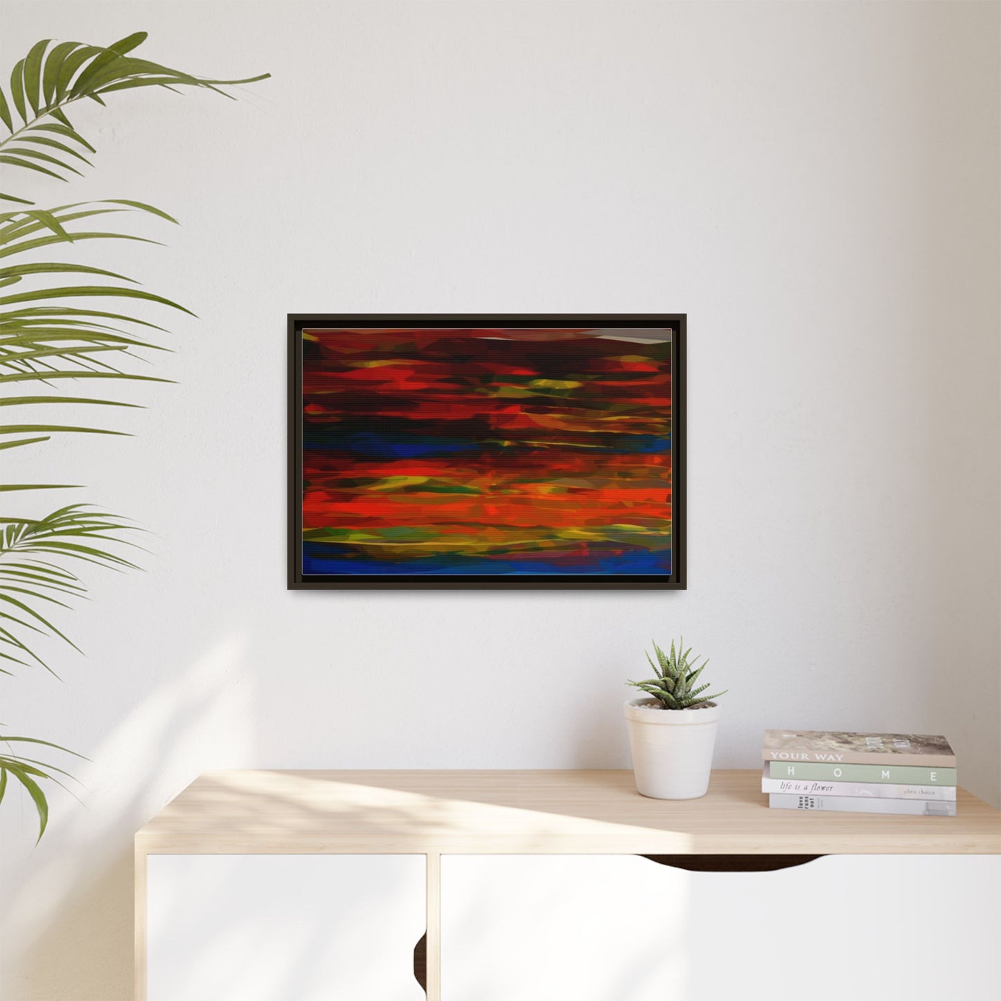 Abstract Multi-Color Matte Canvas Framed Wall Art — Bold Red & Blue Modern Painting