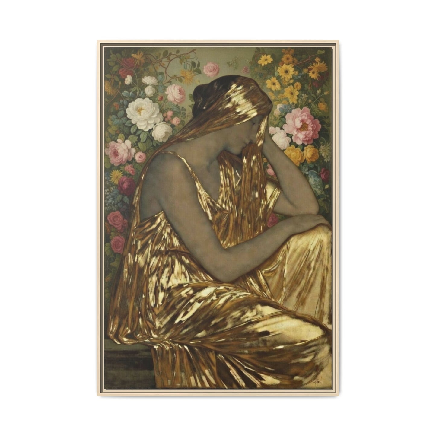 Framed Canvas Art Print — Golden Muse Woman with Floral Background