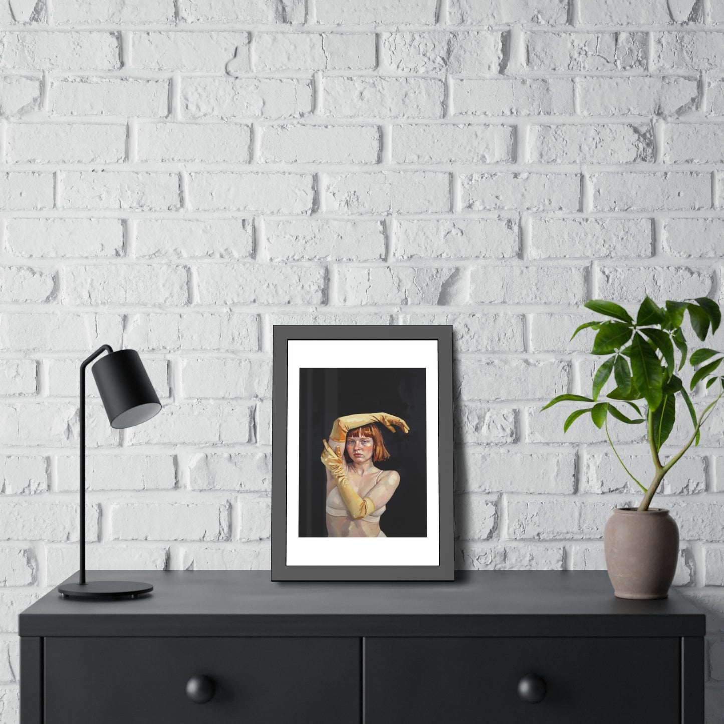 Framed Art Poster — Portrait of Redhead Woman in Yellow Gloves (Gallery Wall Print)