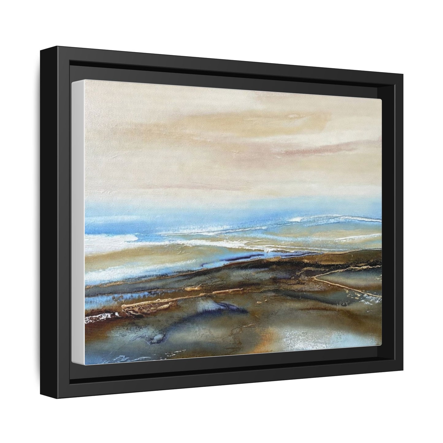 Framed Abstract Seascape Matte Canvas — Coastal Blue & Earth Tone Wall Art