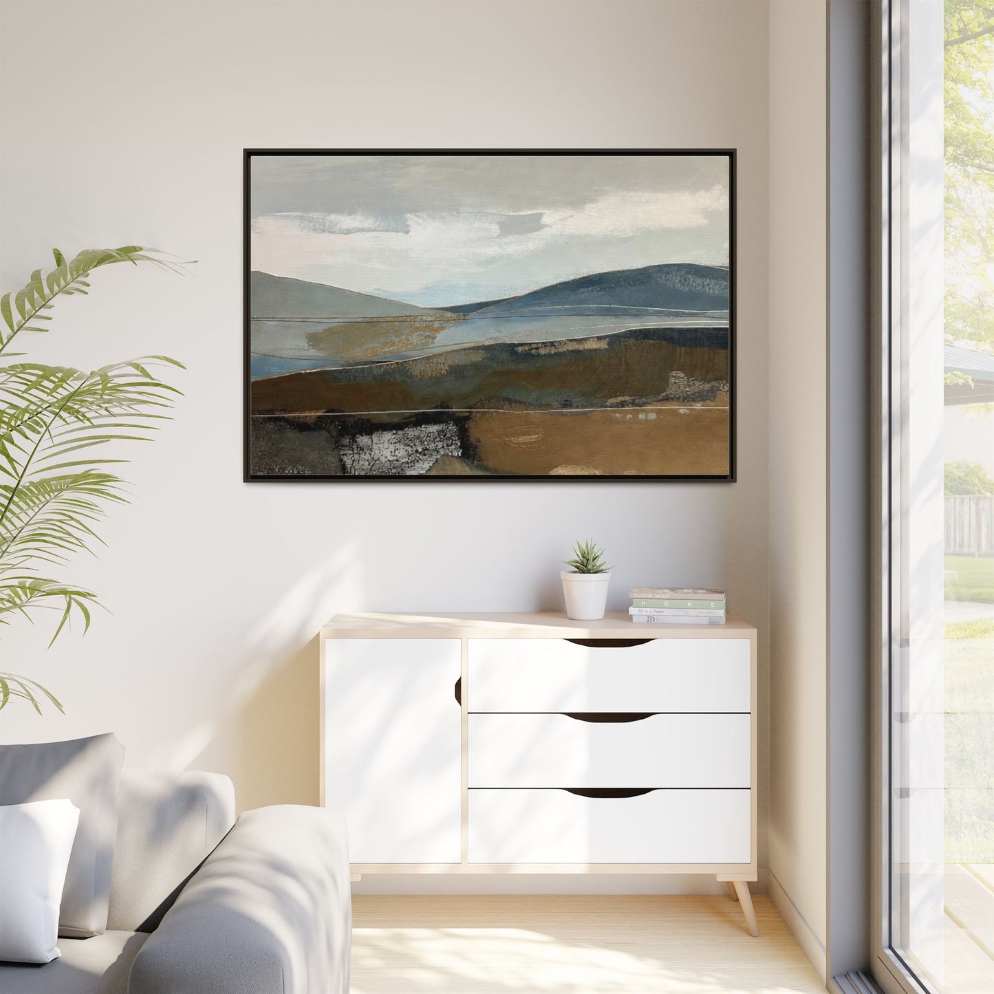 Framed Matte Canvas Landscape Art - Serene Abstract Hills in Blue & Earth Tones