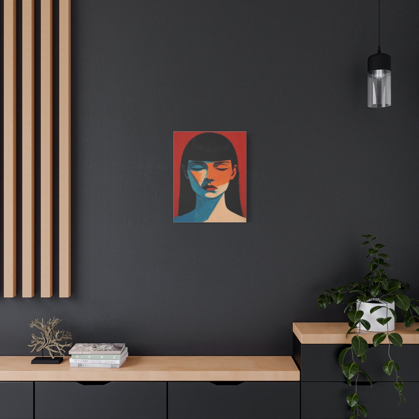 Portrait Canvas Wall Art — Modern Minimalist Woman in Red & Blue