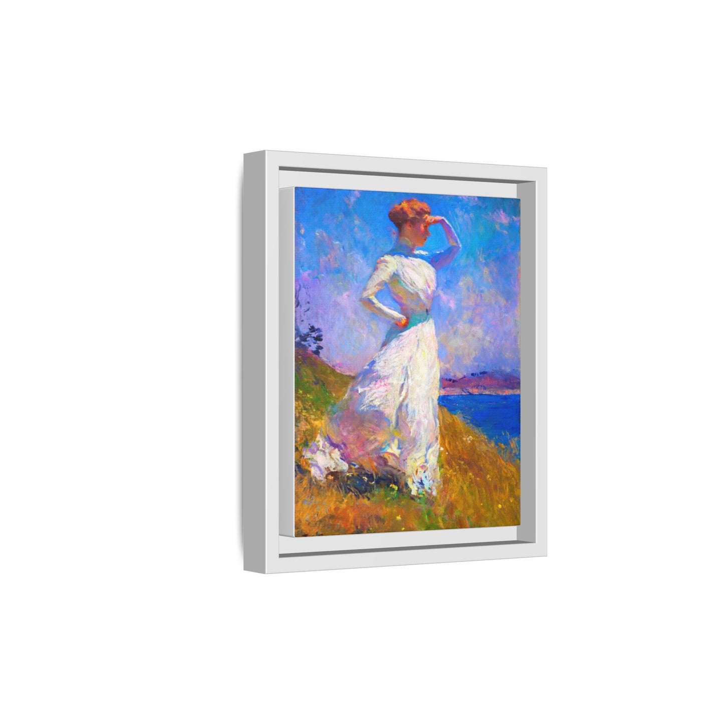 Framed Matte Canvas Art - Woman in White Seaside Impressionist Print
