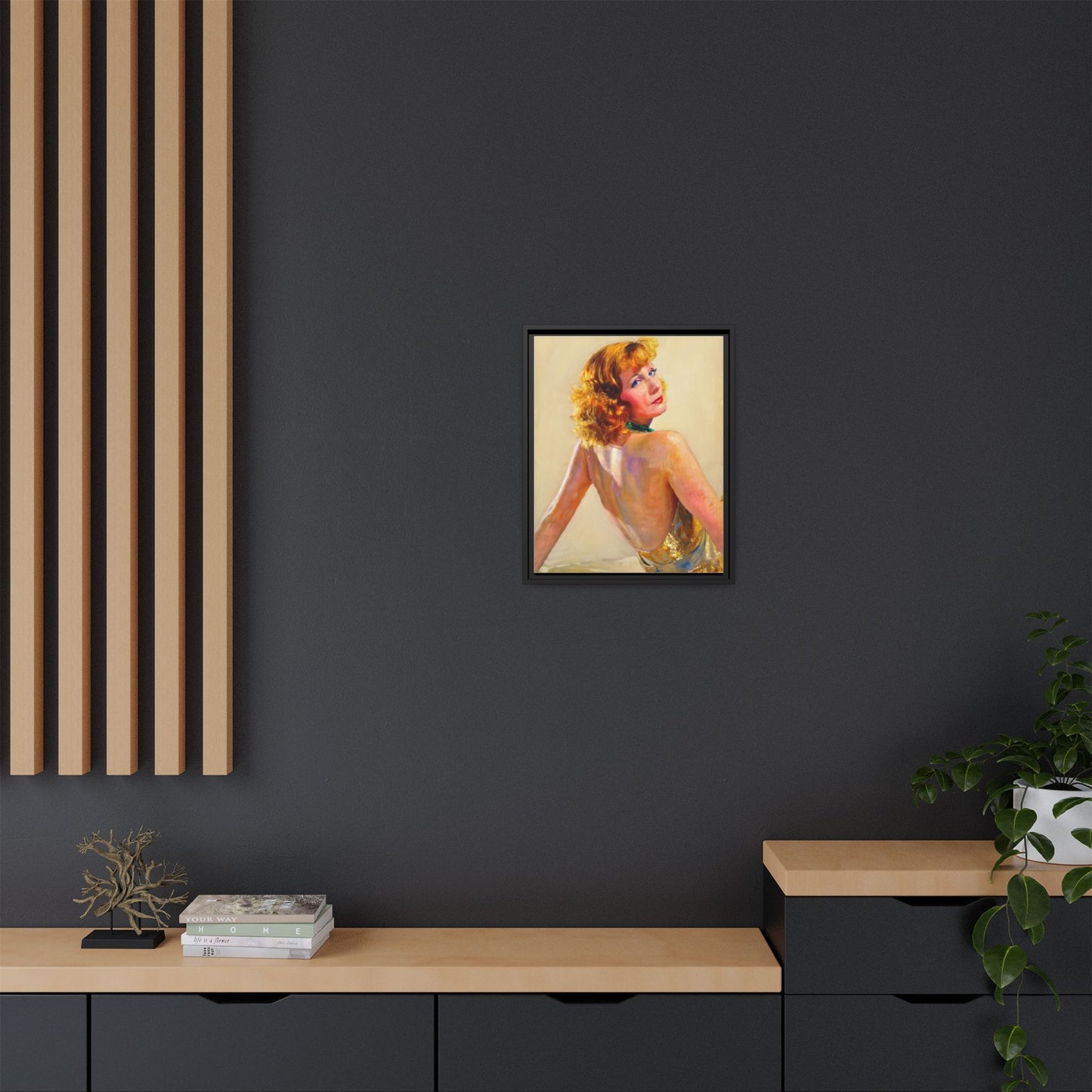 Framed Matte Canvas Print — Vintage Portrait of Redhead Greta Garbo in Gold Dress
