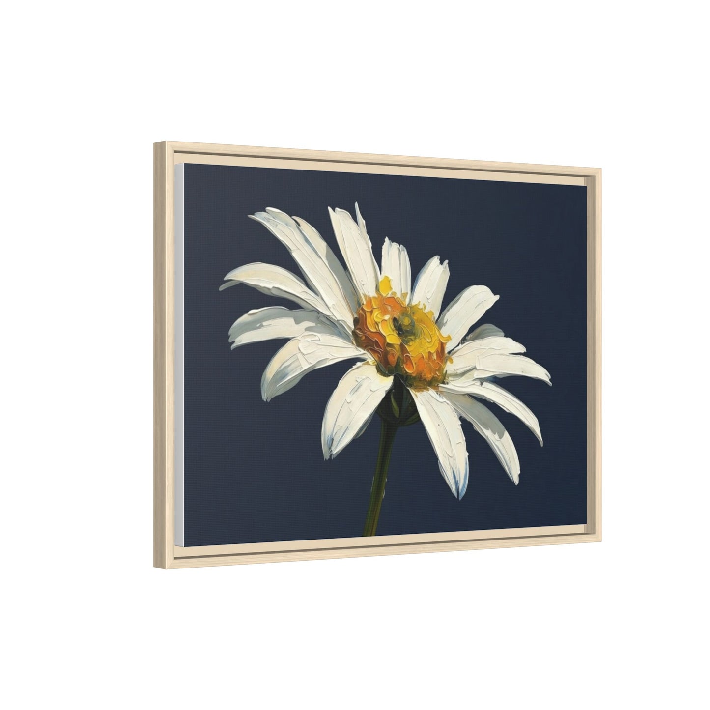 Framed Matte Canvas Daisy Wall Art — White Floral Painting on Navy