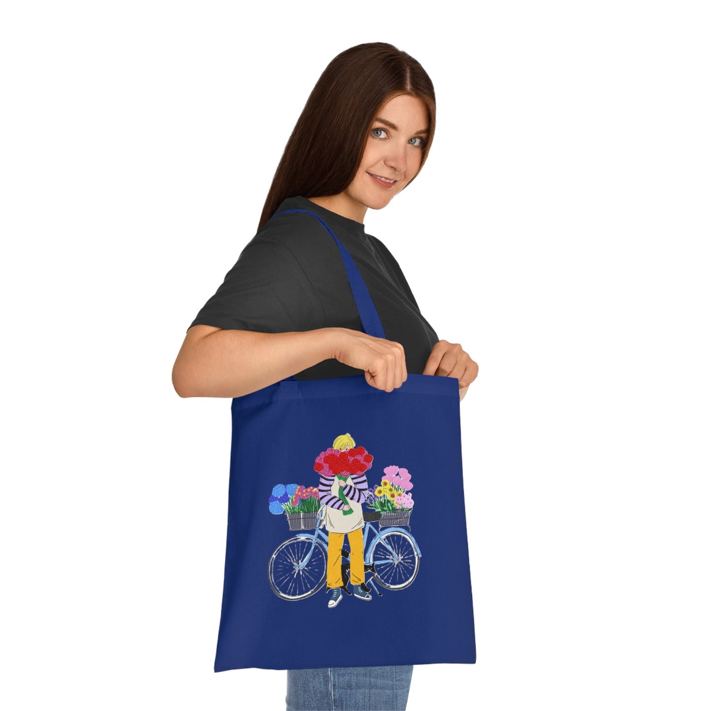 Floral Bike Tote Bag — Cotton Market Tote with Colorful Flower Bicycle Design