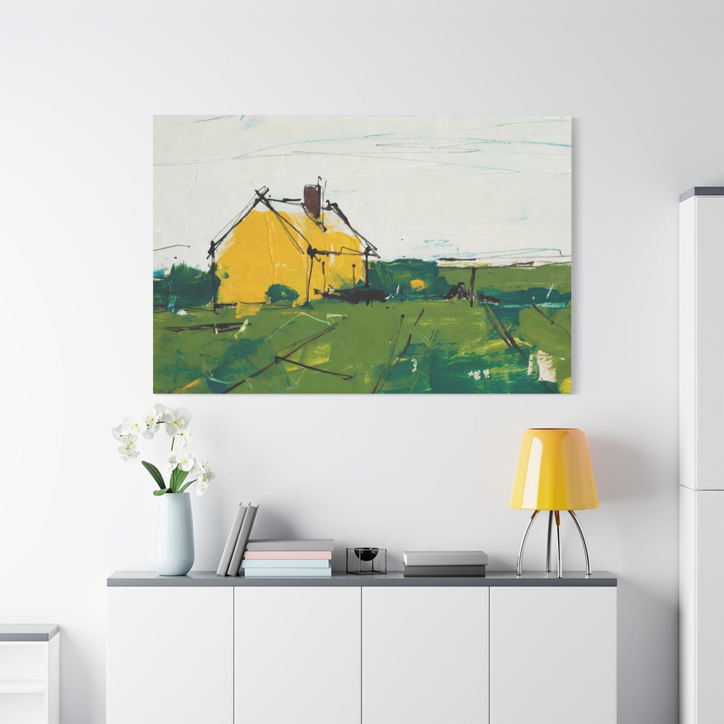 Yellow Cottage Landscape Canvas - Matte Stretched Wall Art