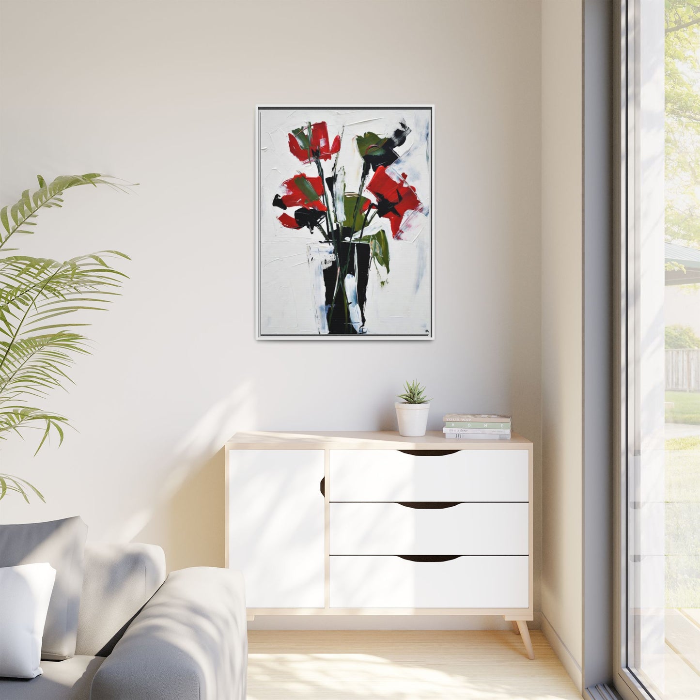 Framed Abstract Floral Canvas Print — Red Poppies in Black Vase