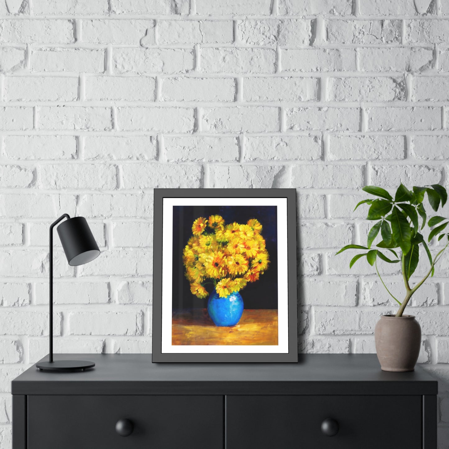 Framed Art Print — Yellow Daisy Bouquet in Blue Vase