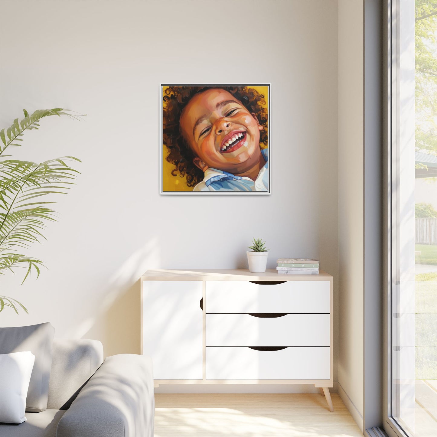Framed Matte Canvas Print – Joyful Child Portrait, Colorful Nursery Wall Art