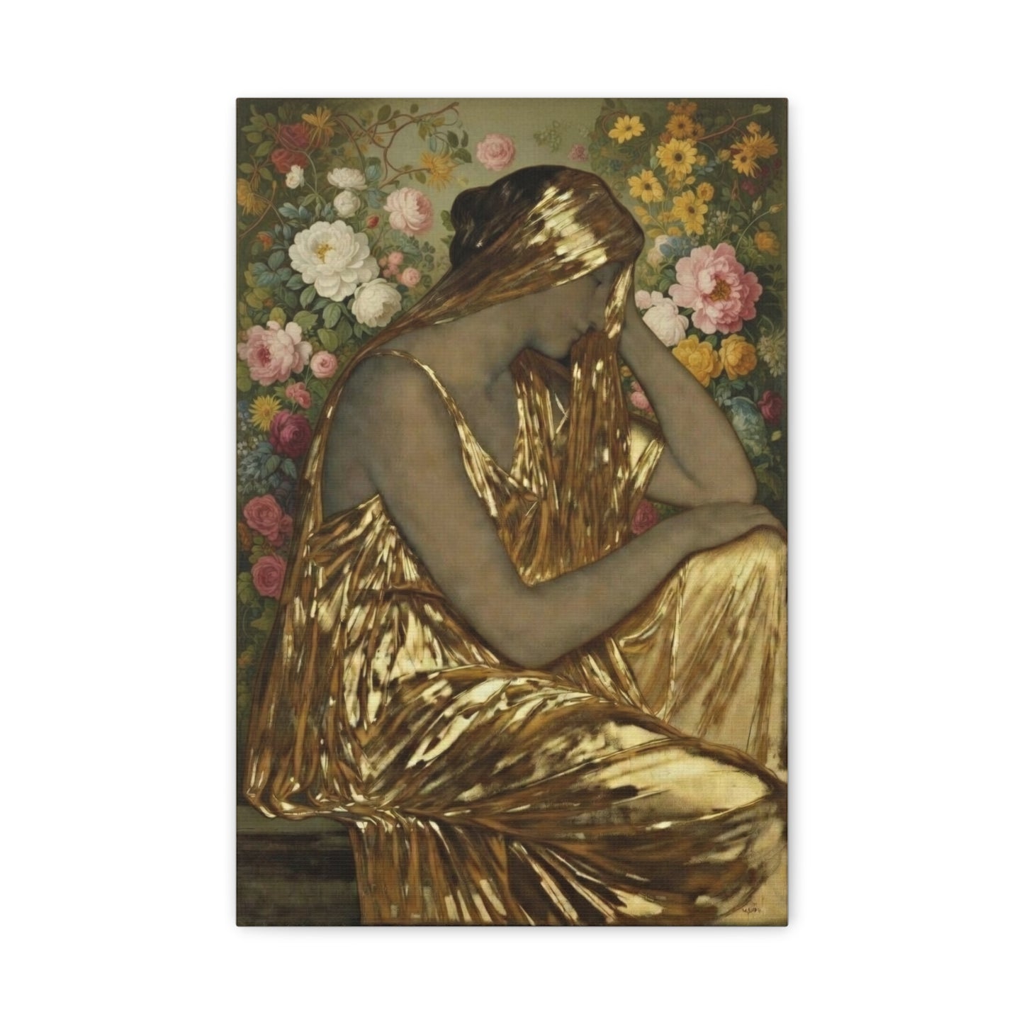 Golden Muse Canvas Print — Woman in Gold Floral Art (Stretched Matte)