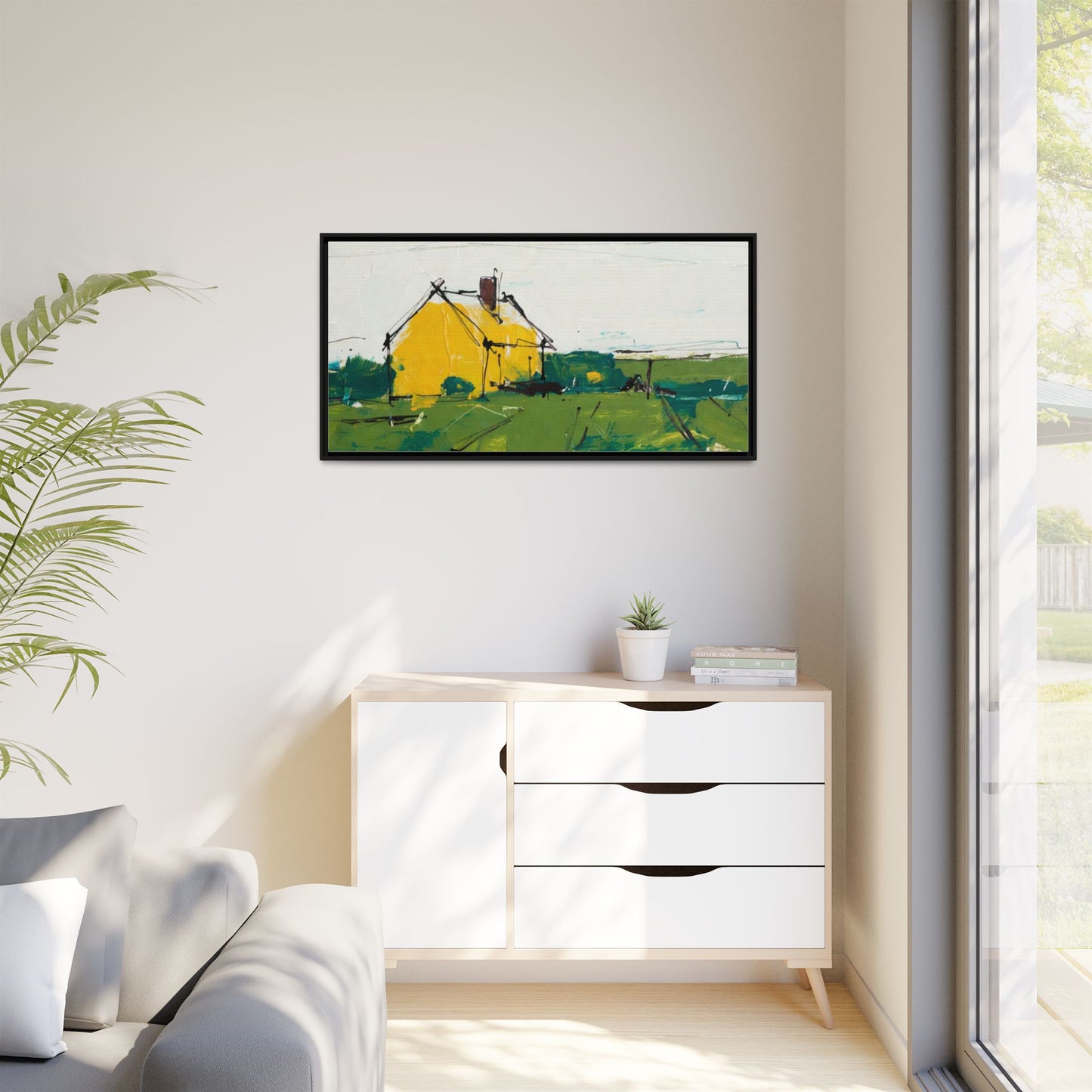 Yellow Cottage Landscape Framed Canvas Print