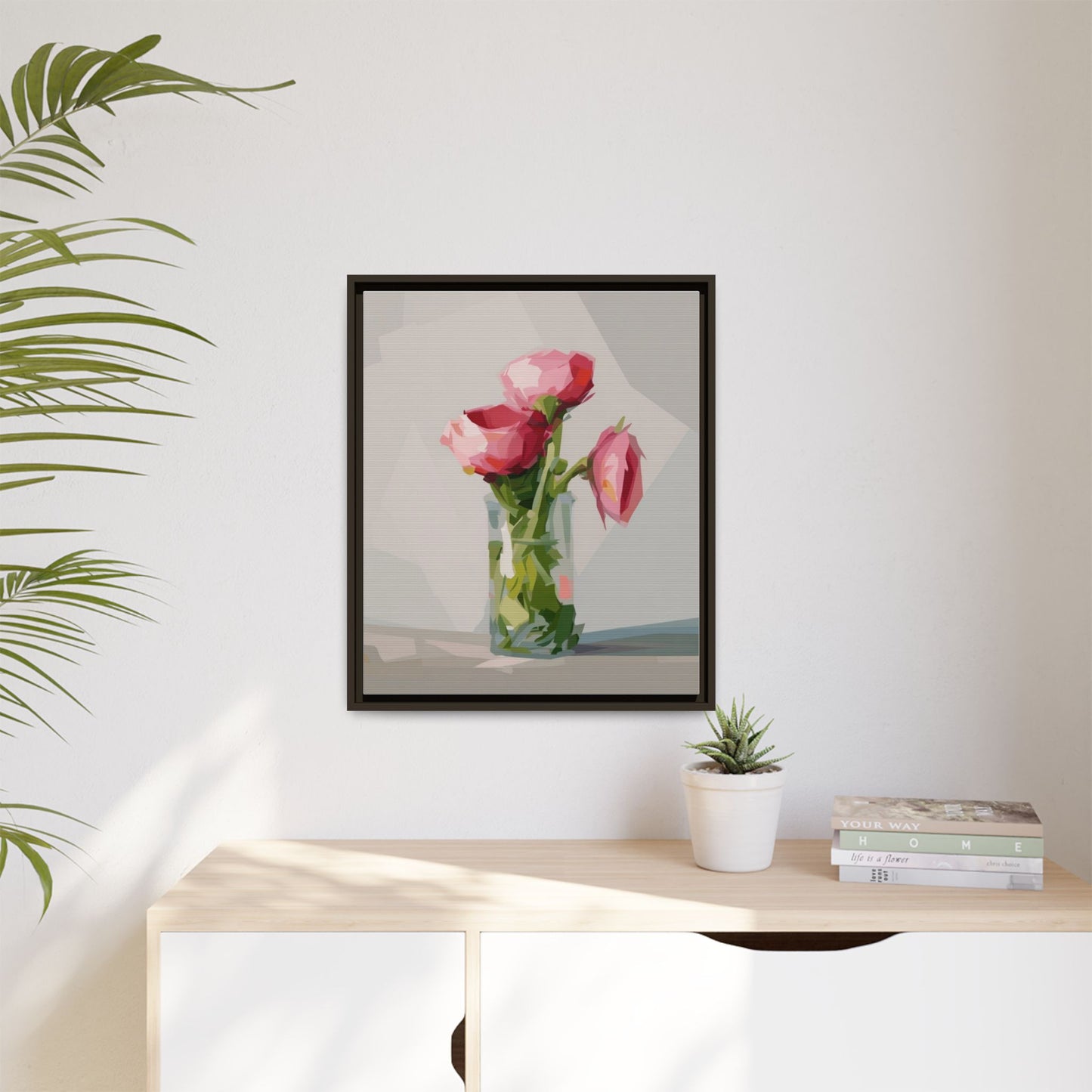 Framed Canvas Art — Pink Roses in Vase, Modern Floral Wall Print