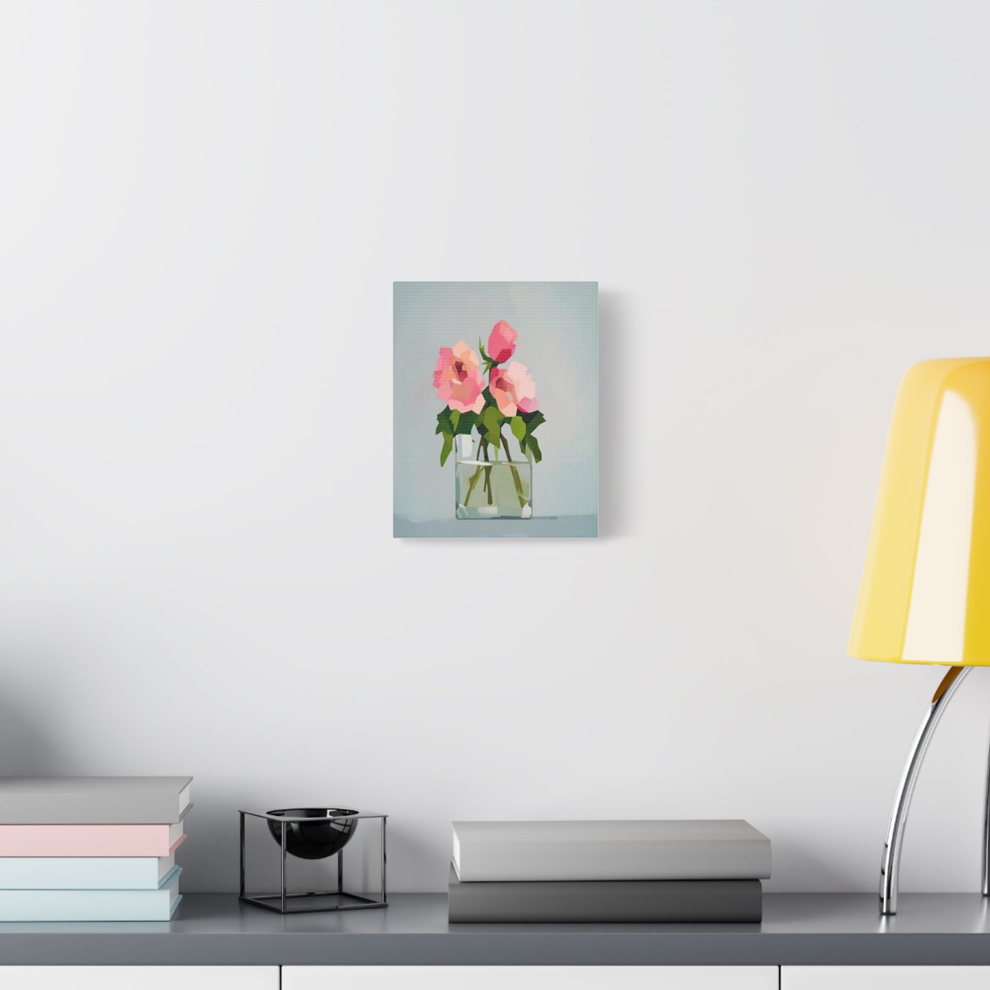 Pink Roses in Square Vase - Matte Stretched Canvas Wall Art