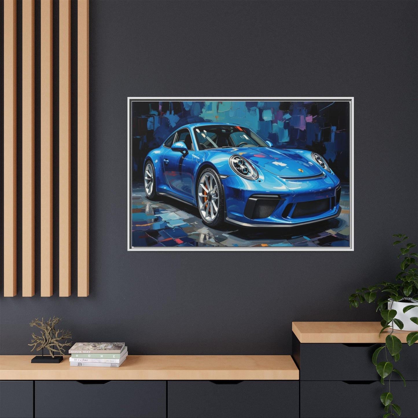 Blue Sports Car Matte Canvas Framed Print — Modern Automotive Wall Art