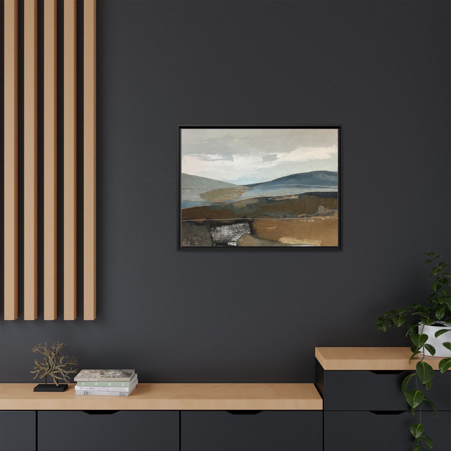 Framed Matte Canvas Landscape Art - Serene Abstract Hills in Blue & Earth Tones