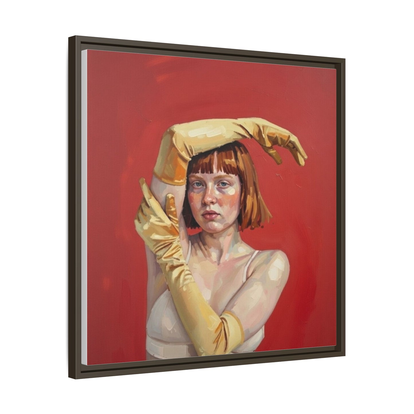 Framed Matte Canvas Art - Portrait of Woman in Yellow Gloves (Red Background)