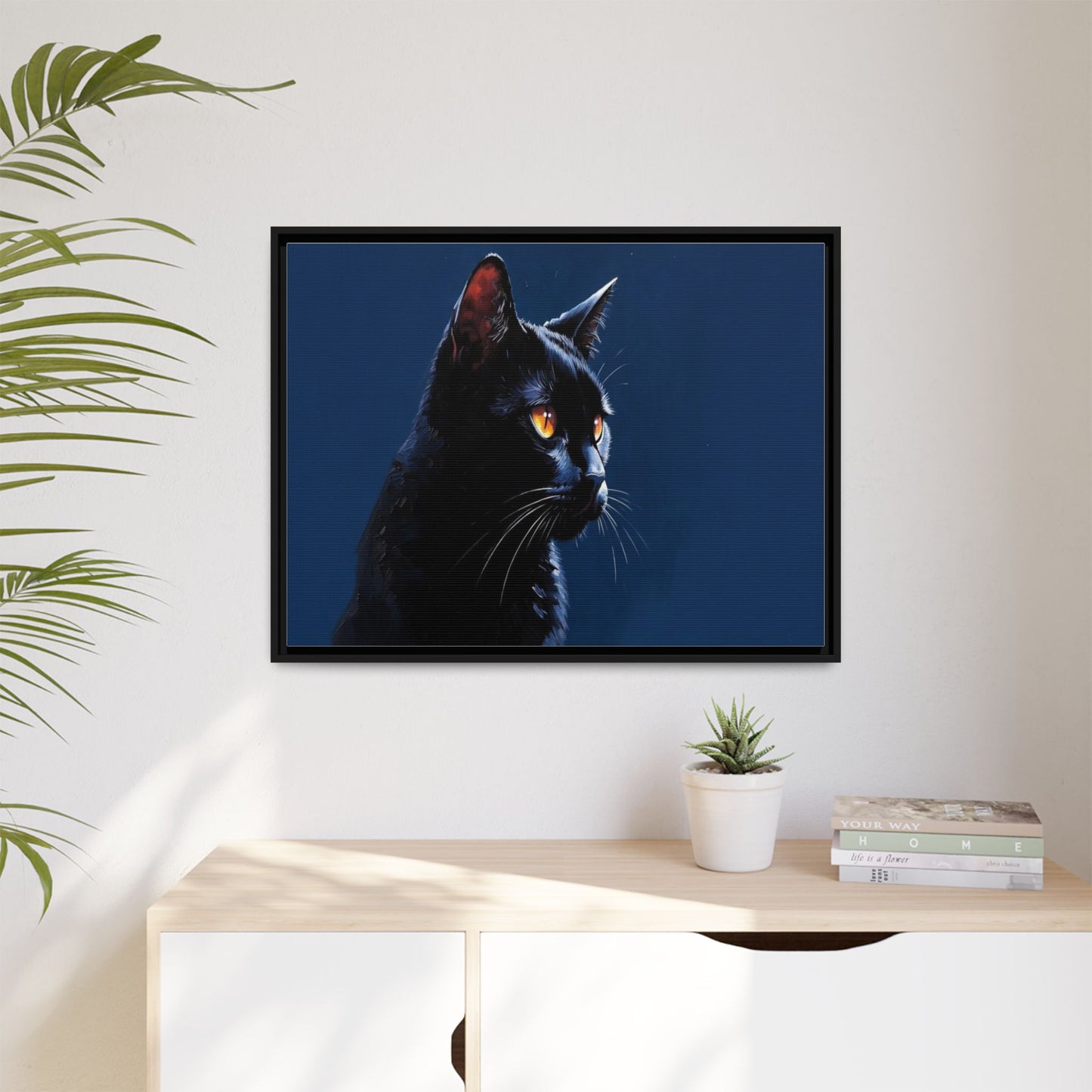 Black Cat Portrait Matte Canvas Framed Wall Art — Dramatic Feline Photo Print