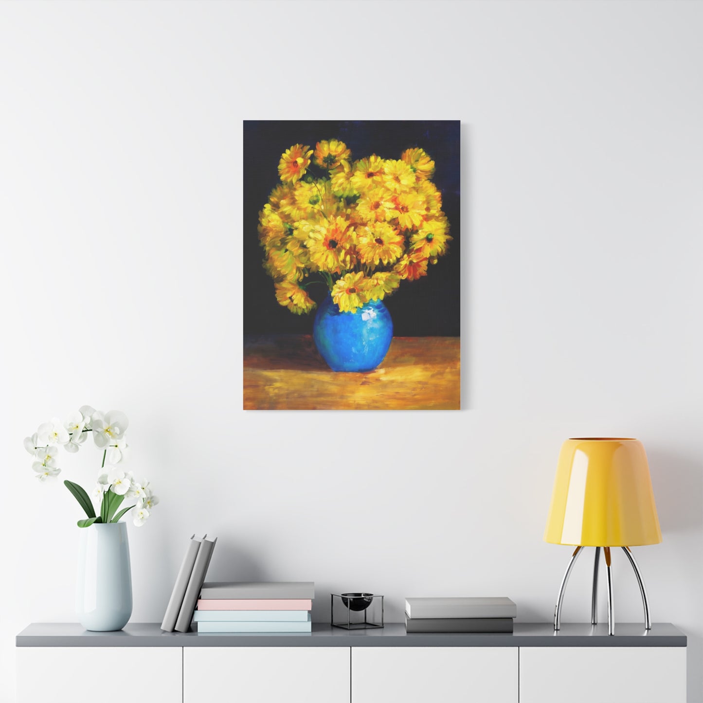 Yellow Chrysanthemum Canvas Wall Art — Blue Vase Floral Painting (Stretched Matte)