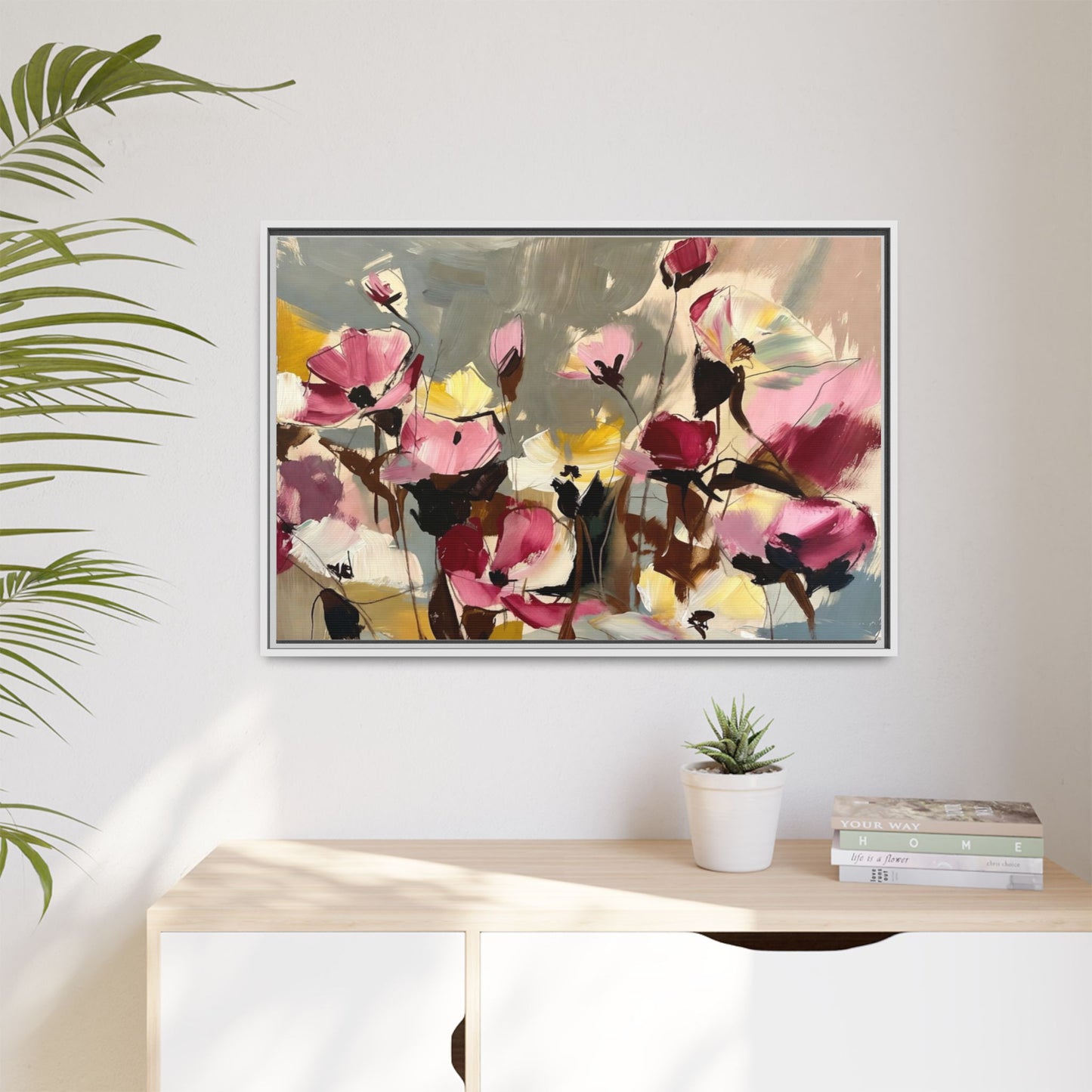 Framed Floral Canvas Wall Art — Abstract Pink & Yellow Flowers