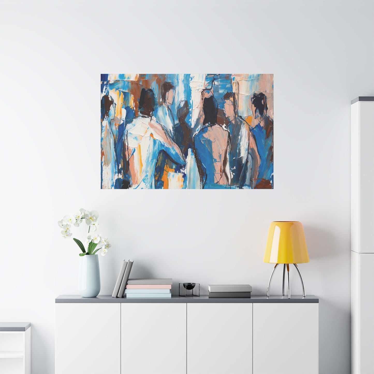 Abstract Figurative Canvas Art — Blue Social Scene Matte Stretched Canvas