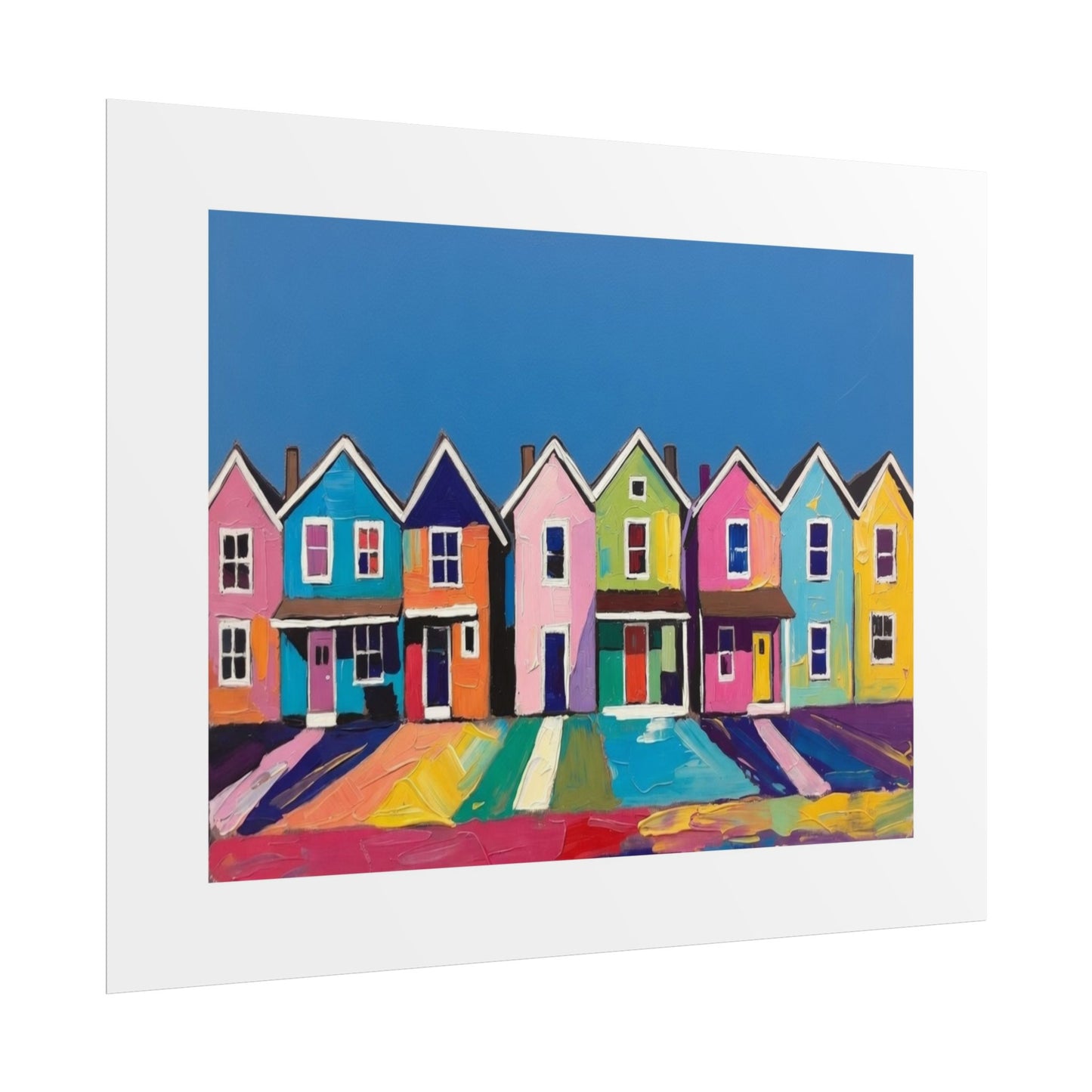 Colorful Row Houses Art Poster — Vibrant Coastal Street Wall Print