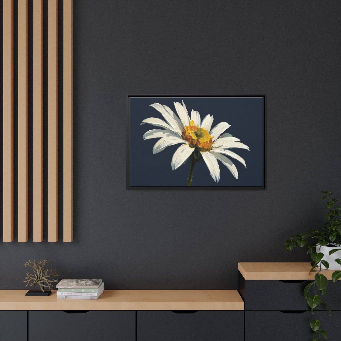 Framed Matte Canvas Daisy Wall Art — White Floral Painting on Navy