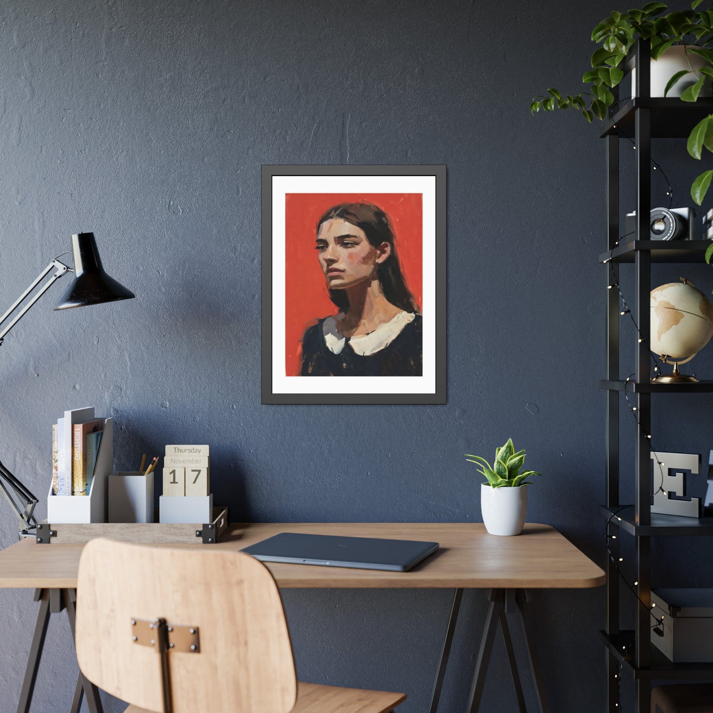 Framed Art Print — Distant Woman Portrait Painting on Red Background