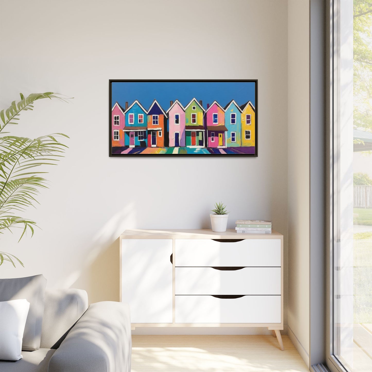 Colorful Beach Houses Matte Canvas Framed Wall Art