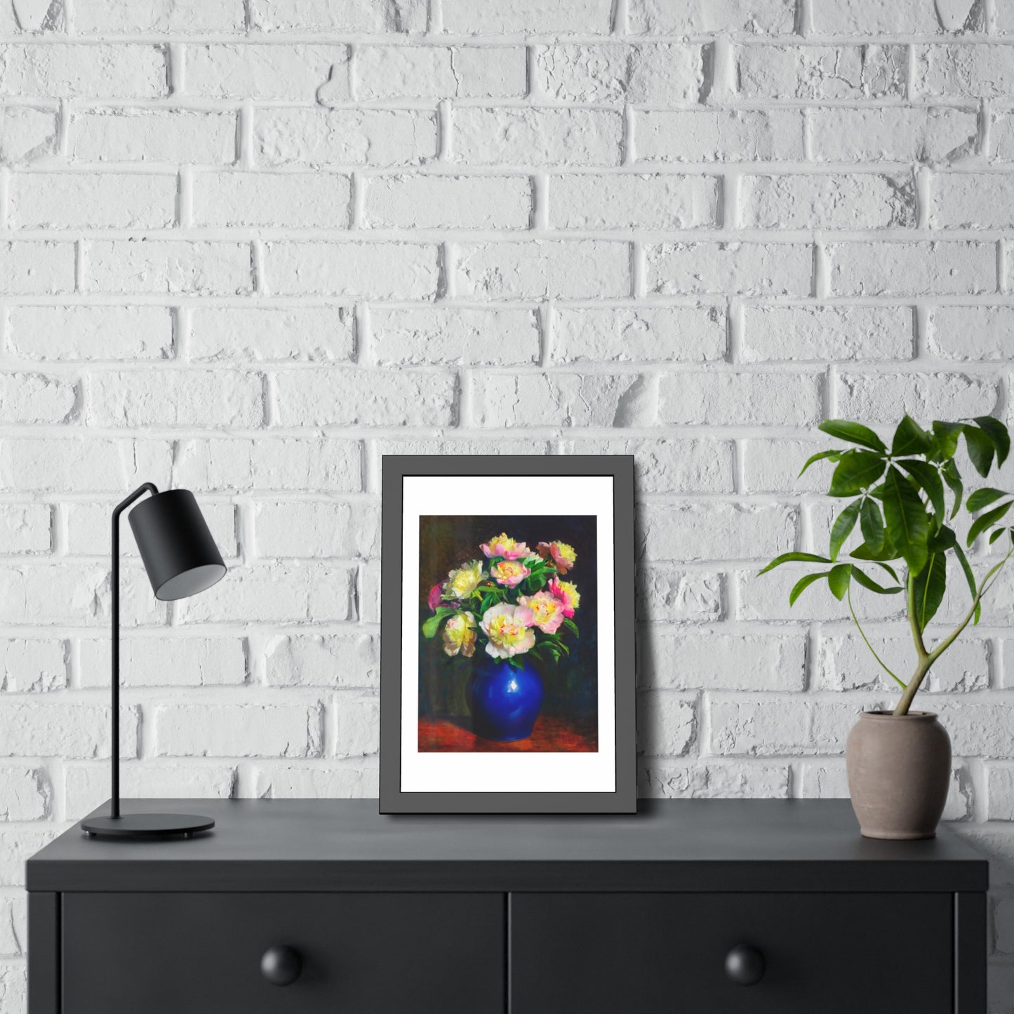 Framed Floral Poster — Pink Peonies in Blue Vase Wall Art