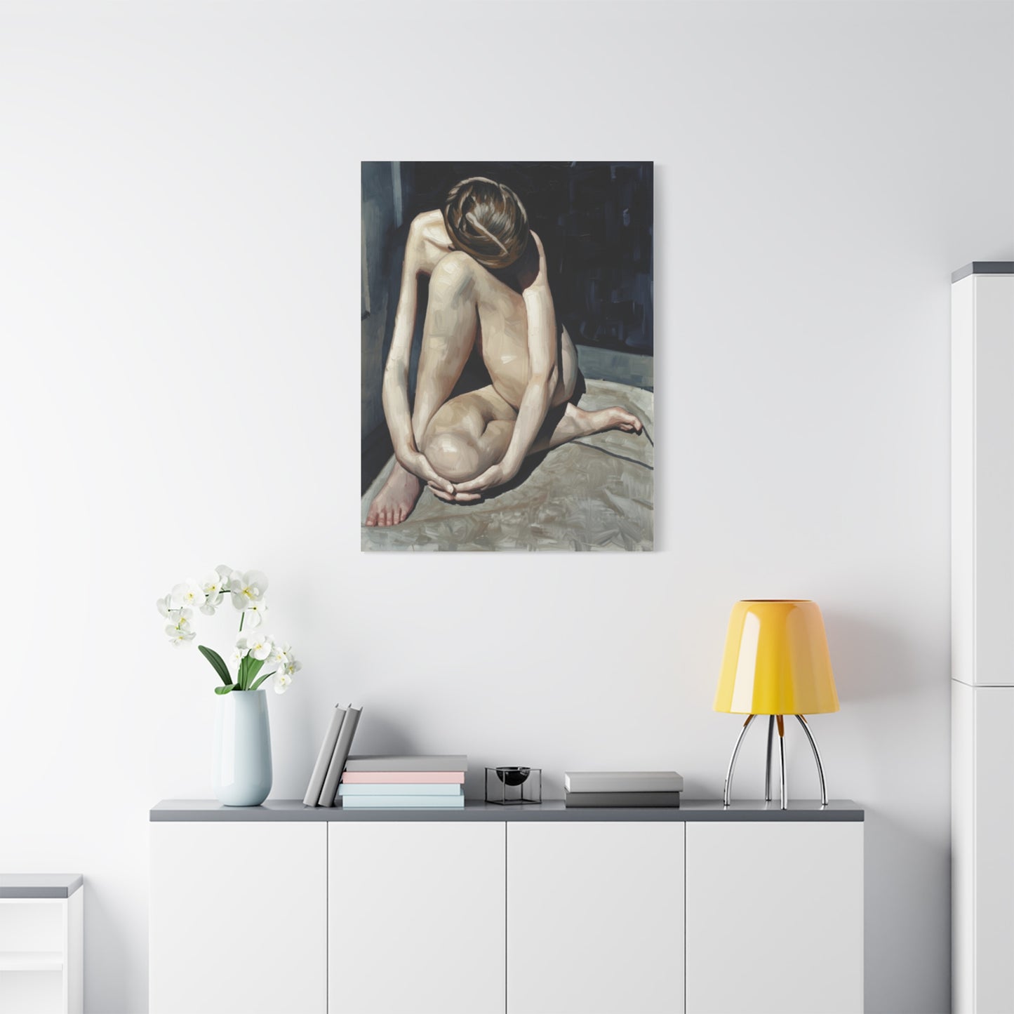 Figurative Nude Art Canvas Print — Contemplative Female Figure Matte Stretched