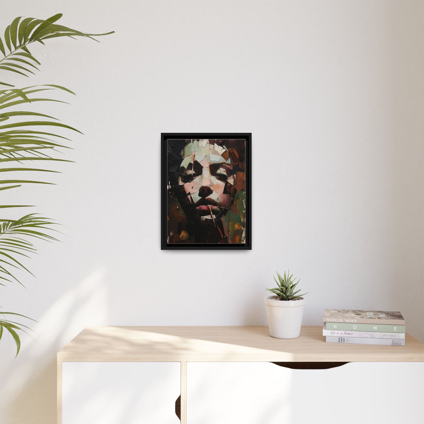 Matte Framed Canvas Art — Abstract Female Portrait, Moody Multicolor