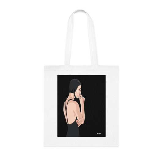 Minimalist Femme Portrait Cotton Tote — Chic Black-Back Illustration Tote Bag