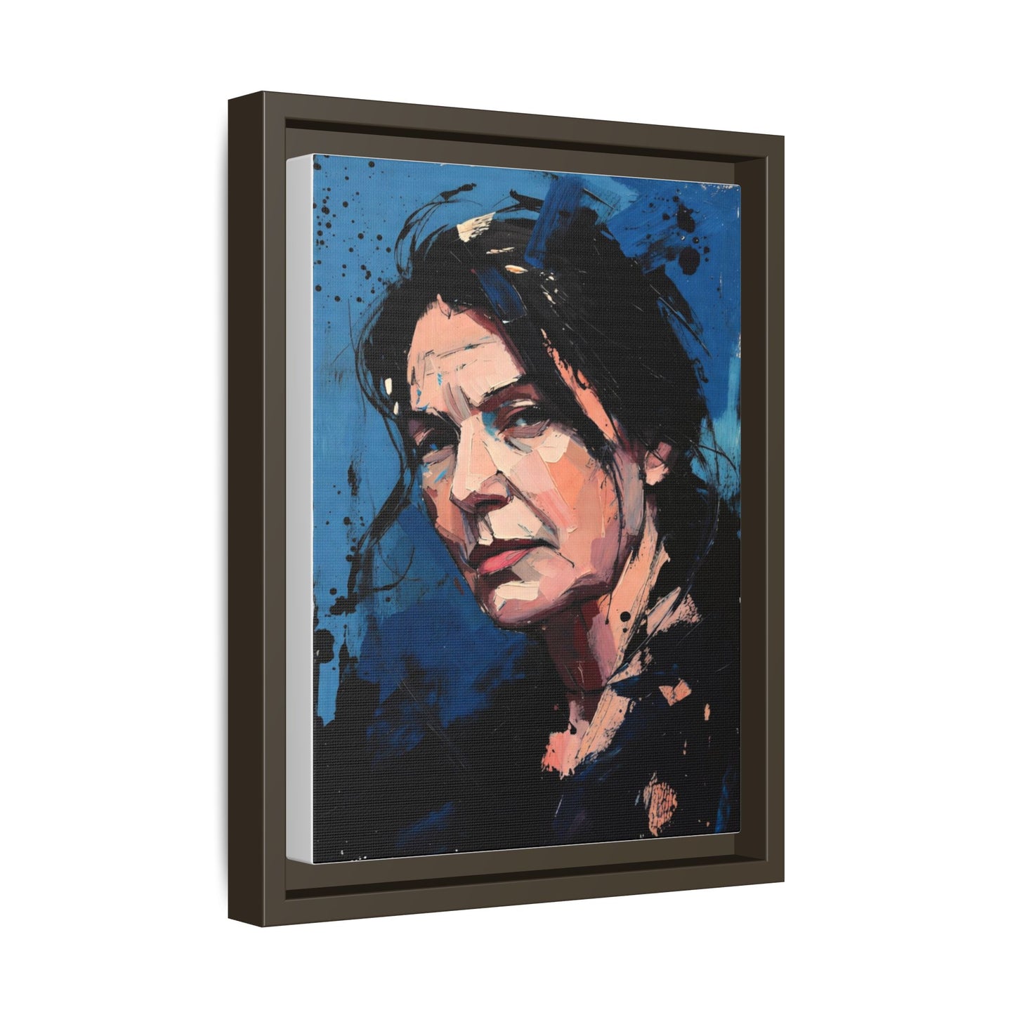 Framed Matte Canvas Portrait — Expressive Blue Painterly Woman Art