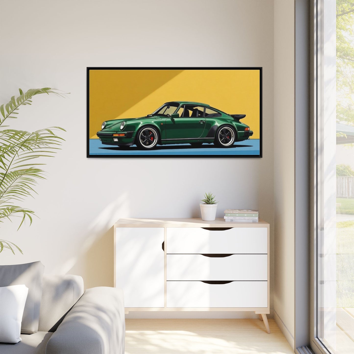 Framed Matte Canvas — Green Sports Car Wall Art