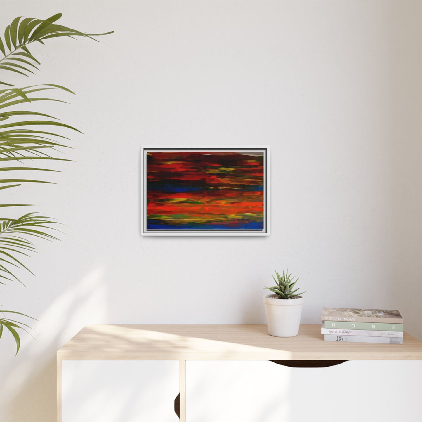 Abstract Multi-Color Matte Canvas Framed Wall Art — Bold Red & Blue Modern Painting