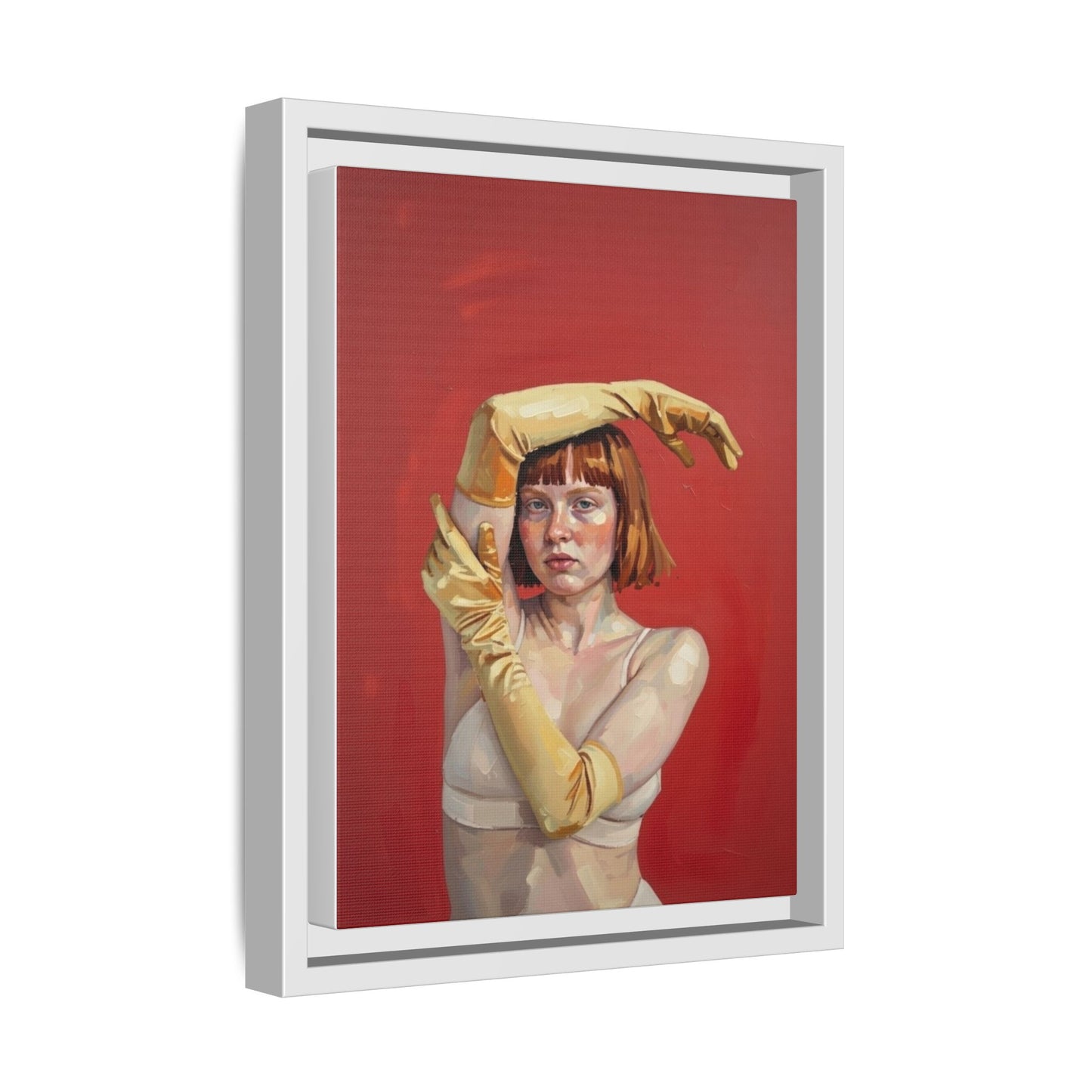Framed Matte Canvas Art - Portrait of Woman in Yellow Gloves (Red Background)